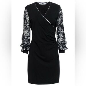 🪽Anne Fontaine - Silk Black Long Sleeve Ruched Dress w/ Spotted Print Trim